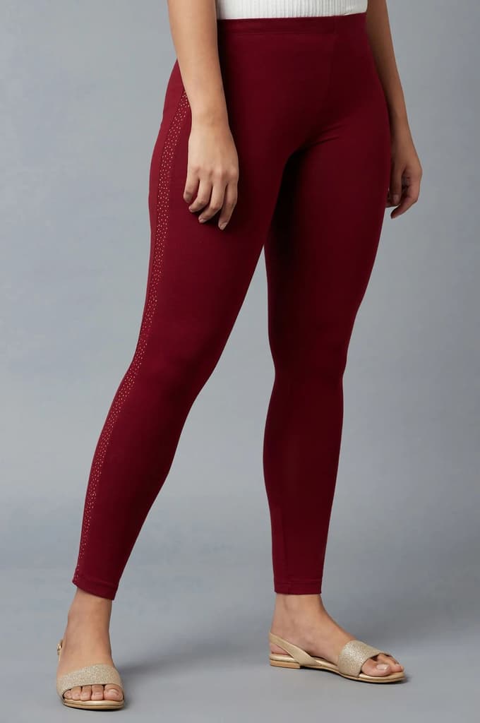 Maroon Solid Skinny Fit Cotton Tights With Elasticated Waistband — photo 4