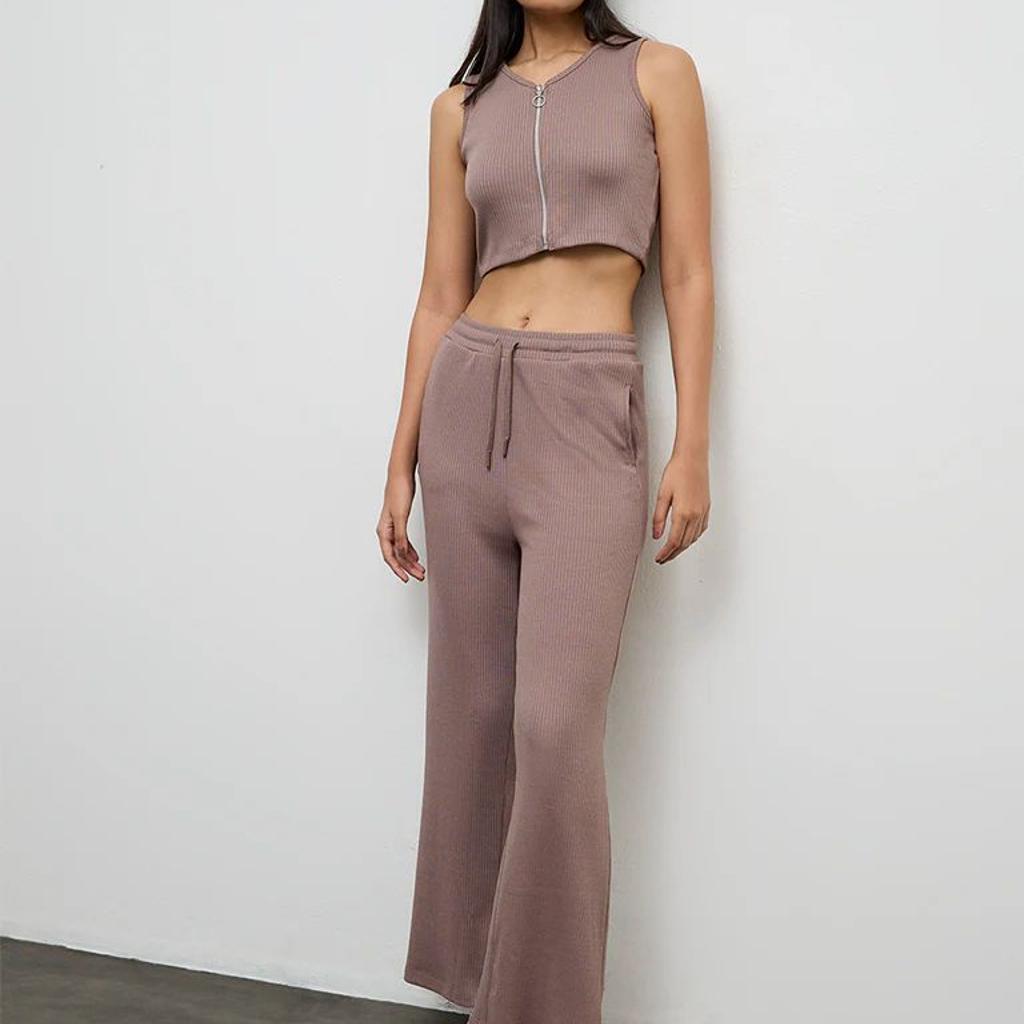 Nuoflexx Dusty Mauve Ribbed-Textured High-Rise Pants