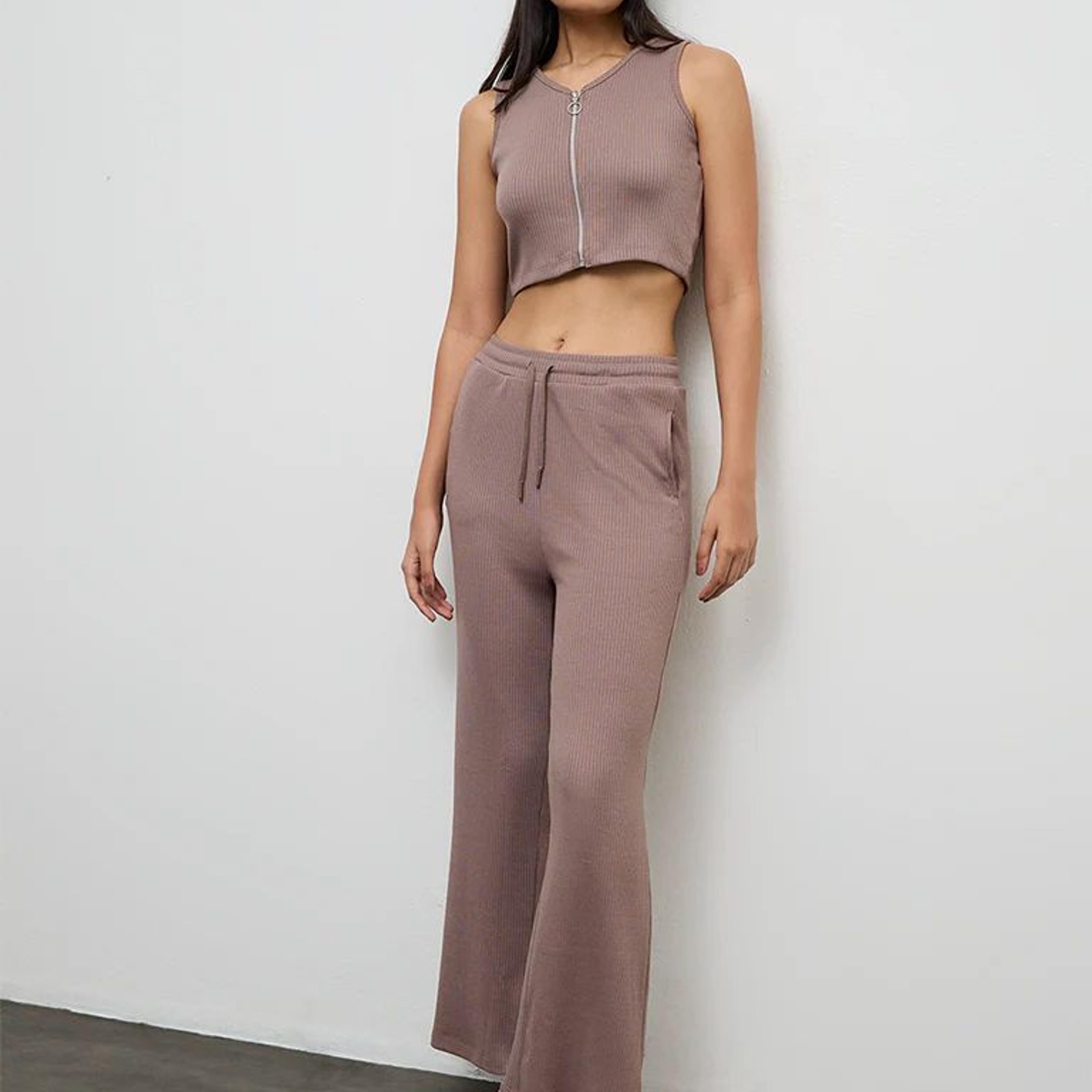 Nuoflexx Dusty Mauve Ribbed-Textured High-Rise Pants