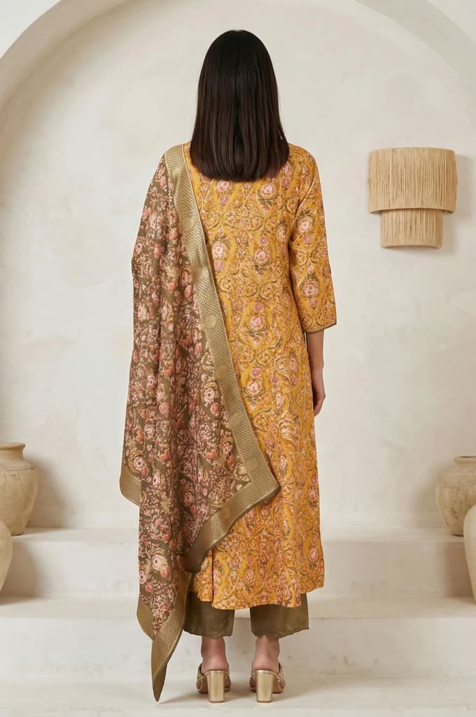 Yellow Floral Printed Zari Work Shantung Straight Kurta with Pants and Dupatta Set — photo 4