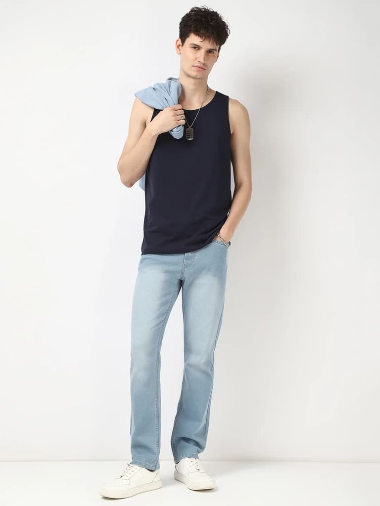 Men's Ice Blue Straight Fit Washed Jeans Stretchable — photo 5