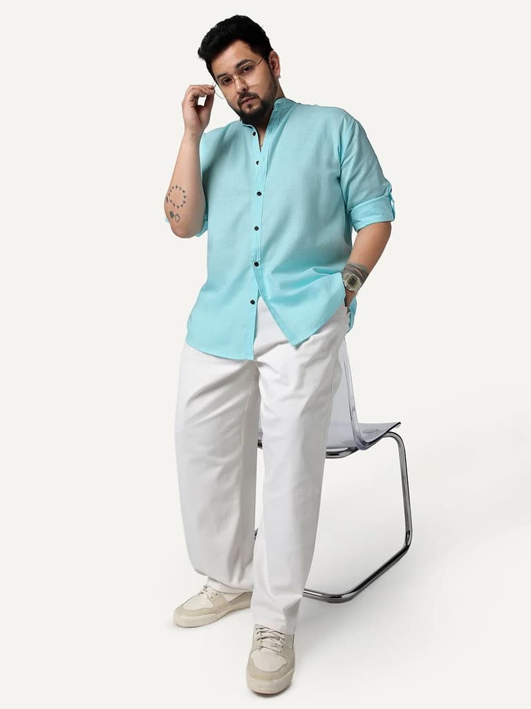 Plus Men's Sky Blue Linen Blend Full Sleeve Relaxed Fit Mandarin Collar Casual Solid Shirt — photo 4