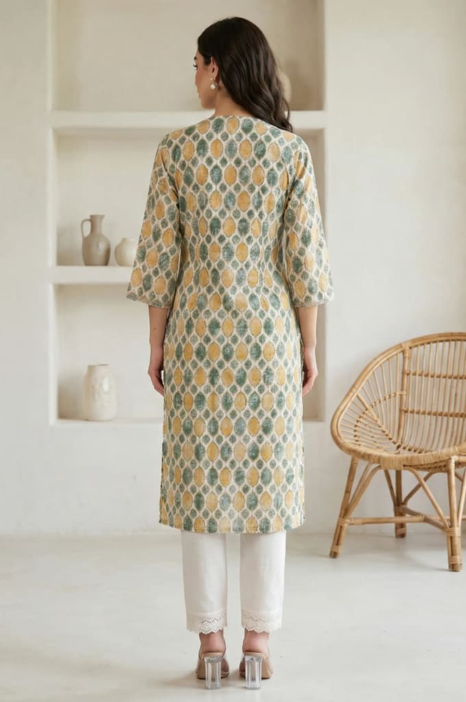 Cream Ethnic Motifs Pure Cotton Straight Kurta with Lace — photo 4