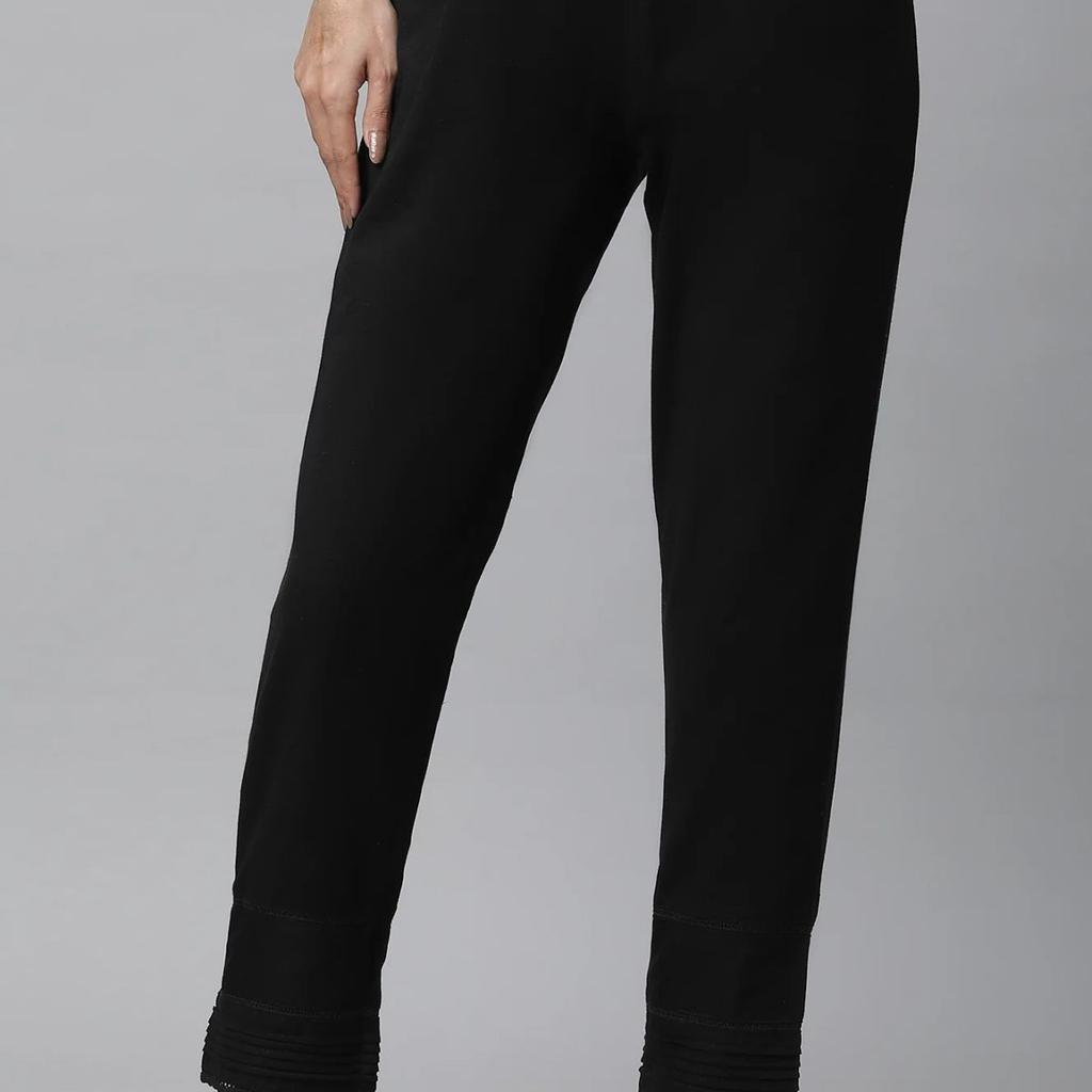 Black Solid Straight Fit Cotton Trousers With Lace Insert