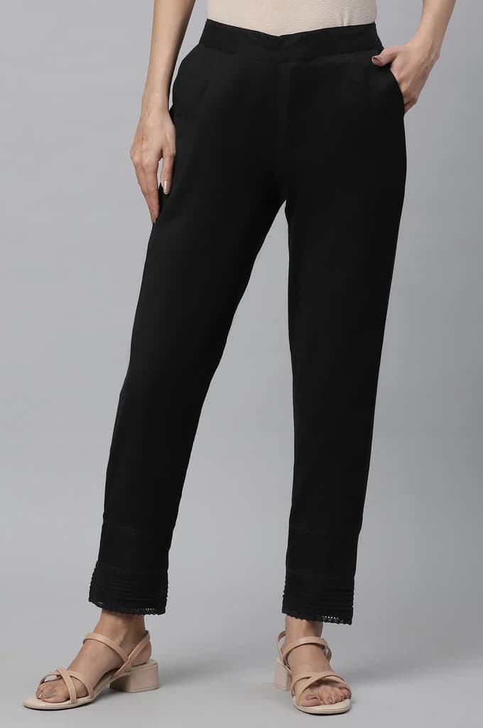Black Solid Straight Fit Cotton Trousers With Lace Insert