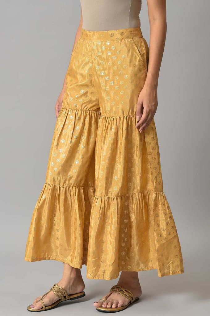 Gold Floral Printed Flared Silk Palazzo With Elasticated Waist — photo 3