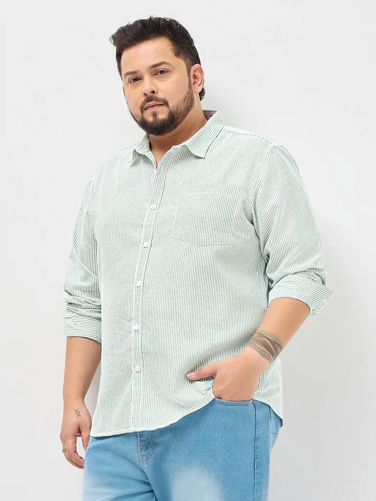 Plus Men's Light Green Cotton Full Sleeve Regular Fit Casual Striped Shirt — photo 3