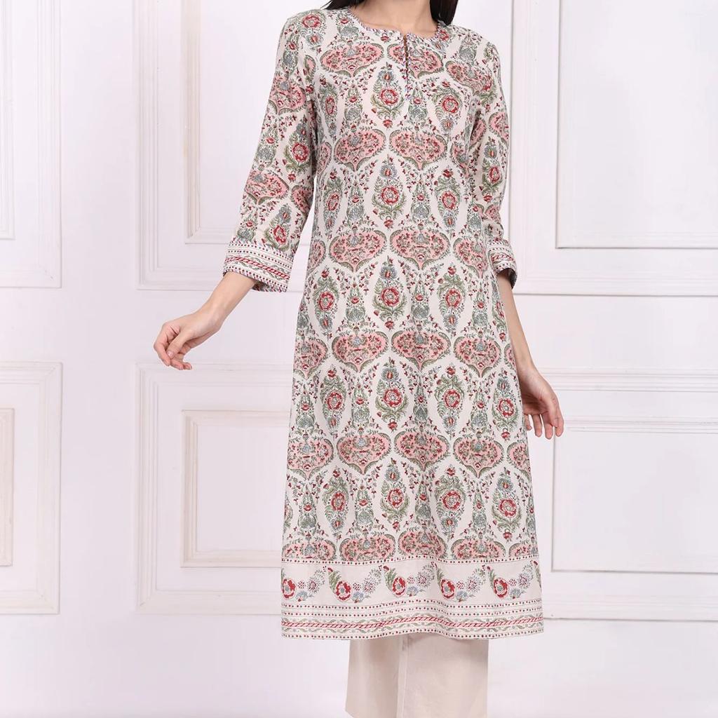 Off-White Floral Printed Pure Cotton Straight Kurta