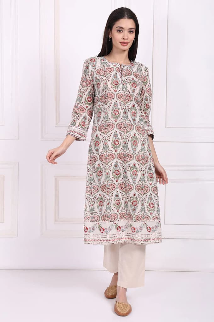 Off-White Floral Printed Pure Cotton Straight Kurta