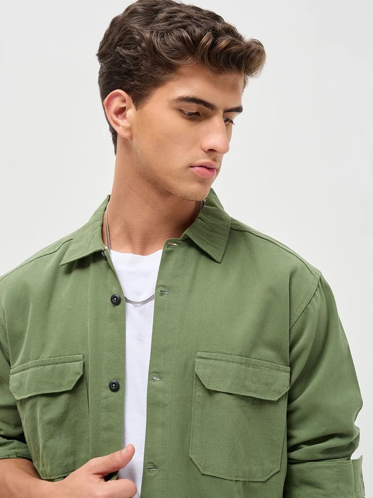 Men's Green Cotton Full Sleeve Relaxed Fit Shacket with Utility Pockets — photo 5