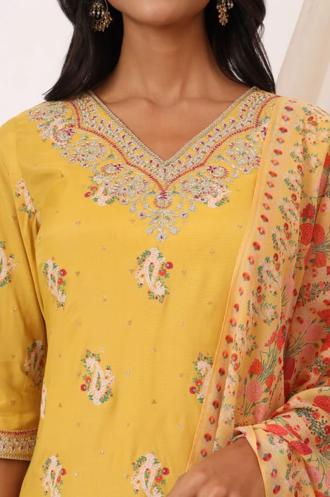 Mustard Yellow Printed Short Shantung Kurti, Culottes and Dupatta Set — photo 4