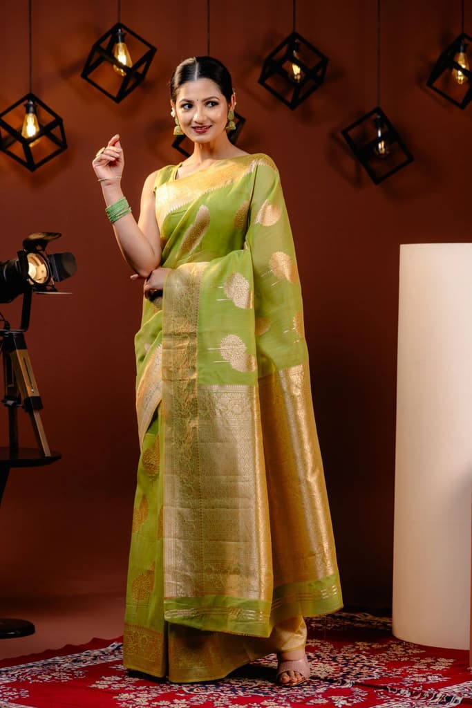 Mimosa Women's Woven Design Banarasi Style Art Silk Saree With Blouse Piece : SA00001756OLFREE — Olive