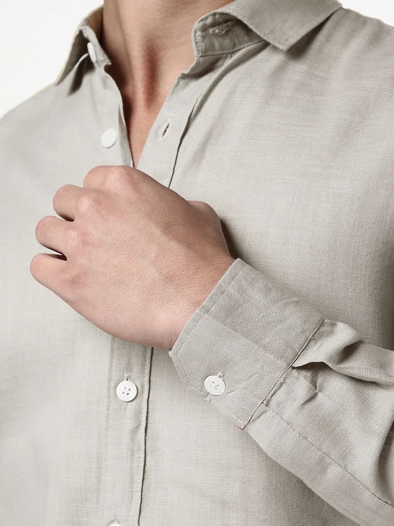 Men's Grey Linen Blend Full Sleeve Relaxed Fit Casual Solid Shirt — photo 5