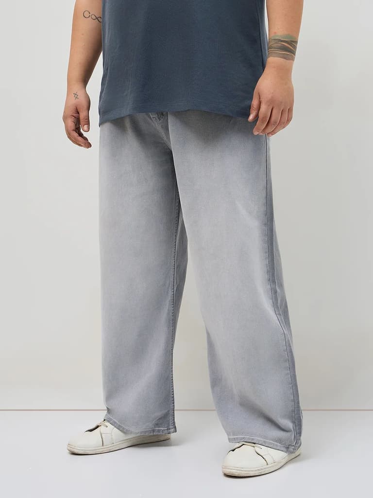Plus Men's Light Grey Loose Baggy Fit Heavy Washed Faded Denim Jeans Non-Stretchable — photo 2