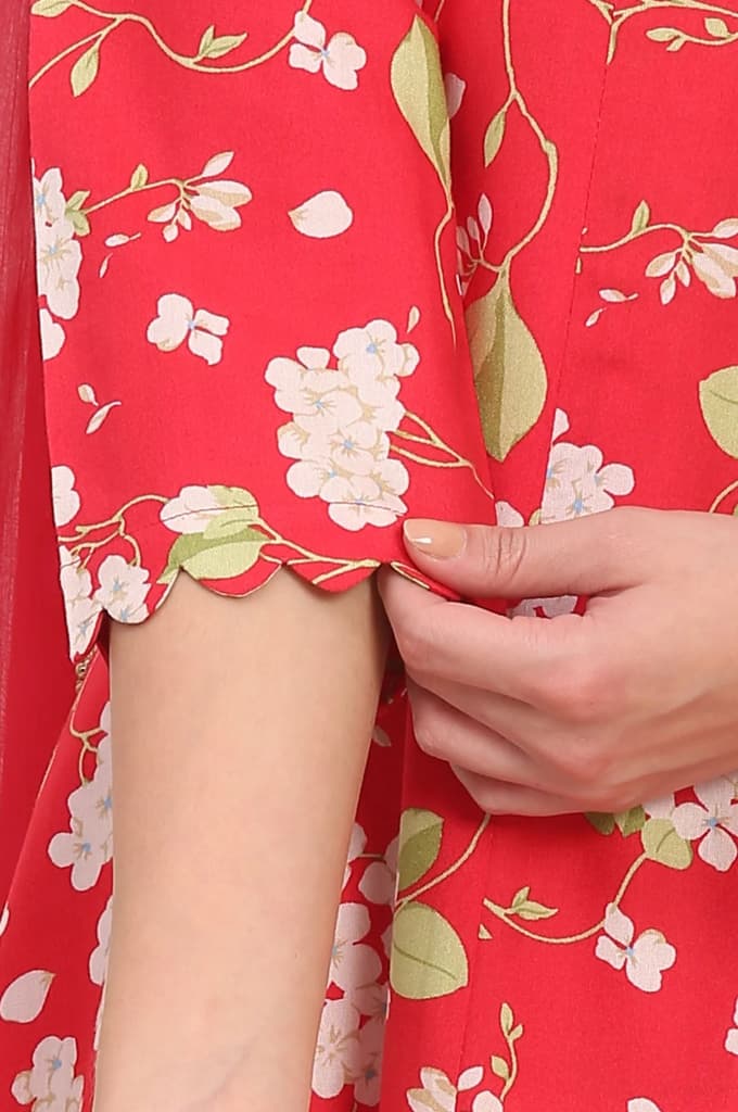 Red Floral Printed Embellished Modal Flared Short Kurta, Flared Pant and Dupatta Set — photo 7