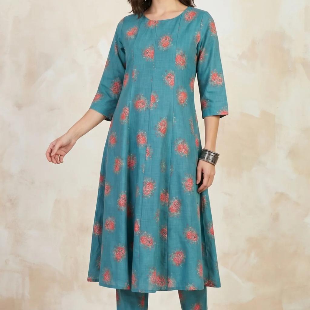 Teal Floral Printed Cotton Flax Flared Kurta