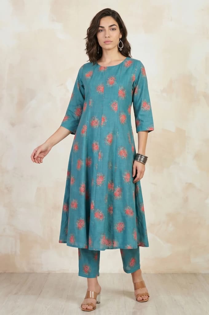 Teal Floral Printed Cotton Flax Flared Kurta