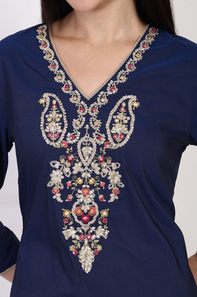 Navy Blue Embroidered A-Line Rayon Kurta — photo 3