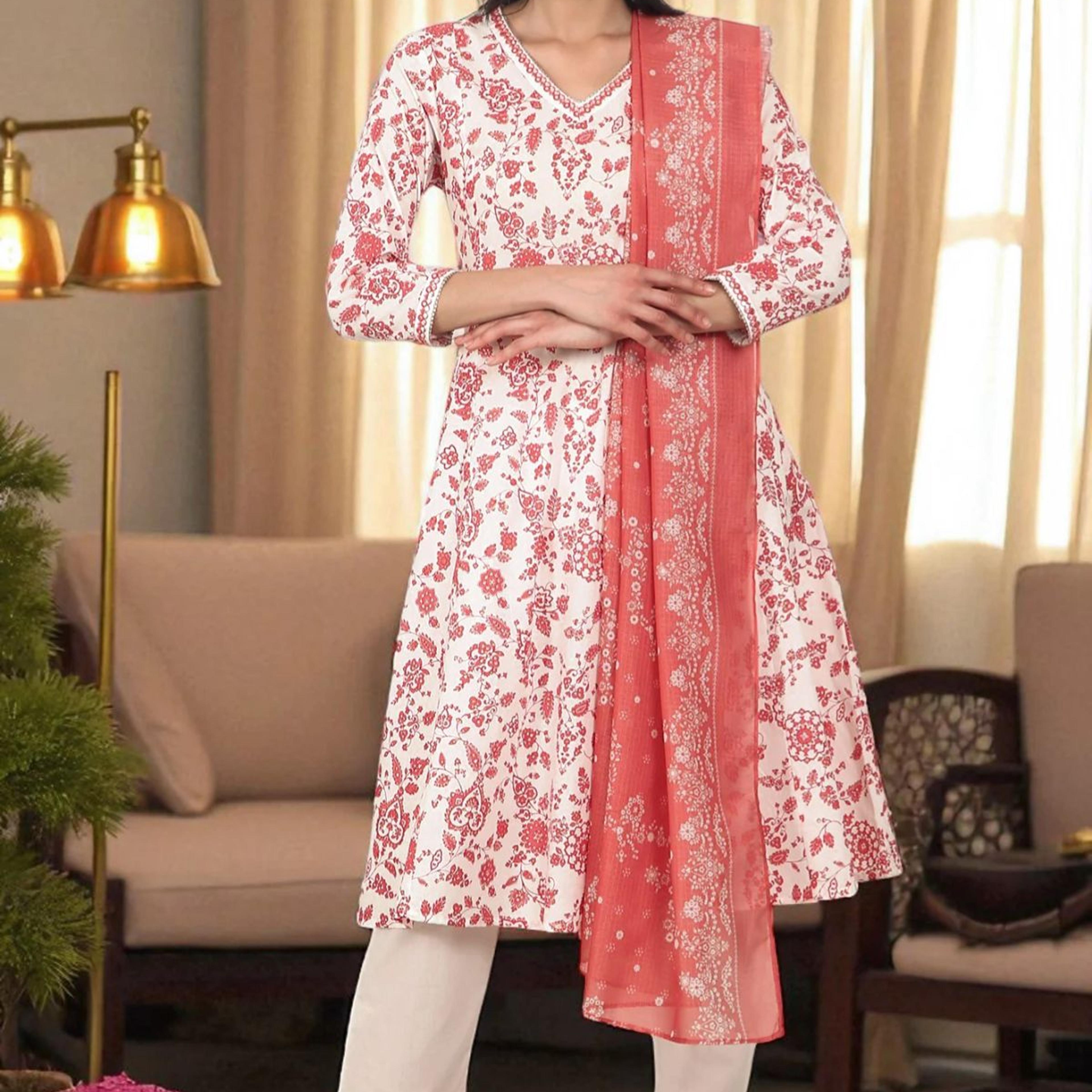 White and Orange Floral Printed Pure Cotton Flared Kurta, Pants and Dupatta Set