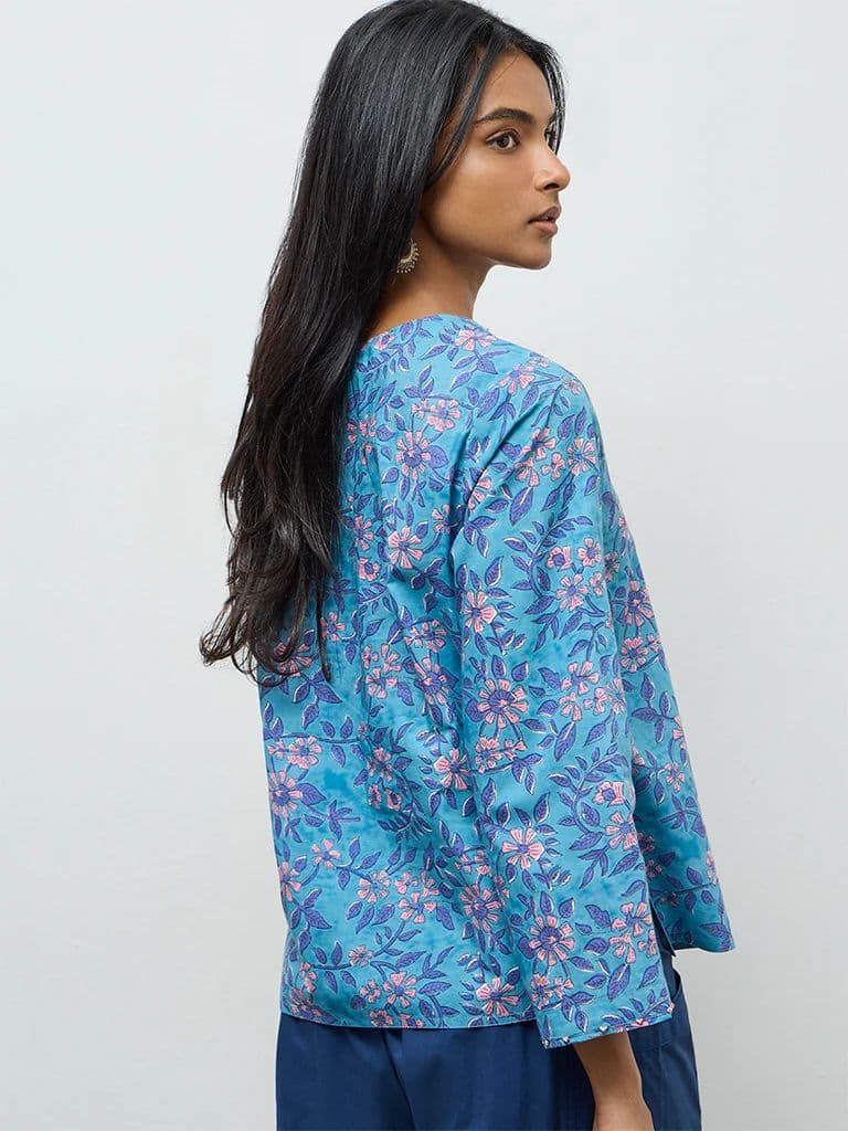 Utsa Blue Floral Pattern Cotton Tunic — photo 4