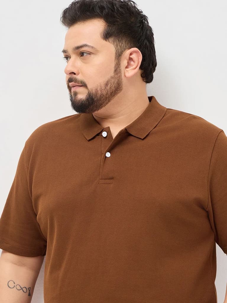 Plus Men's Chocolare Brown Solid Regular Fit Half Sleeve Cotton Polo T-Shirt — photo 5