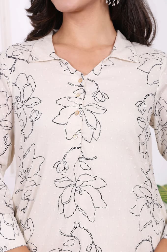 Off-White Floral Printed Pure Cotton Straight Kurta with Pants Set — photo 3