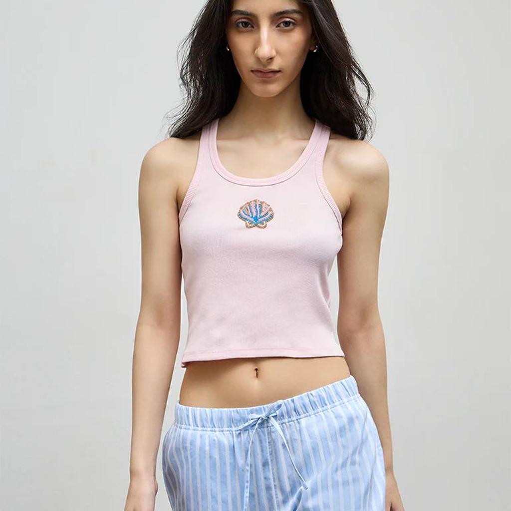 Nuon Pink Embellished Ribbed Cotton-Blend Top