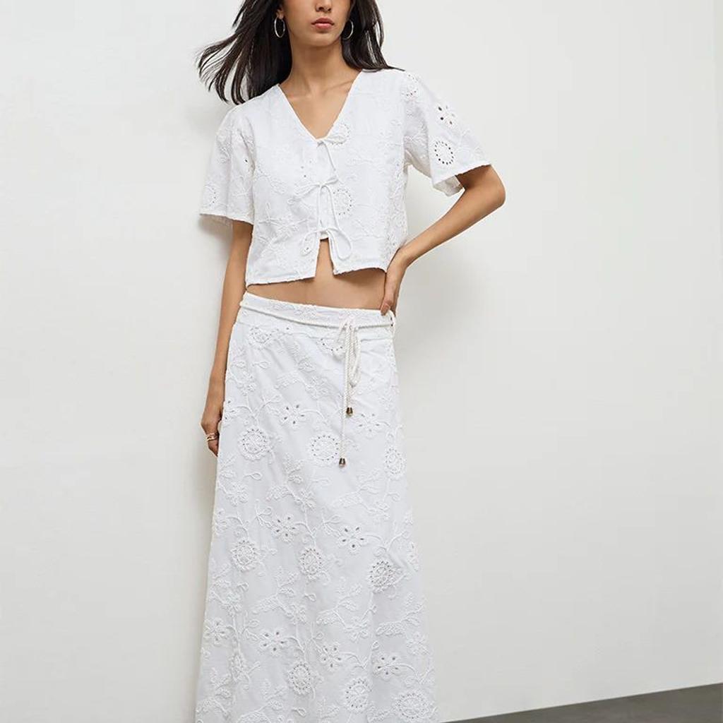 LOV White Schiffli Embroidered High-Rise Cotton Skirt