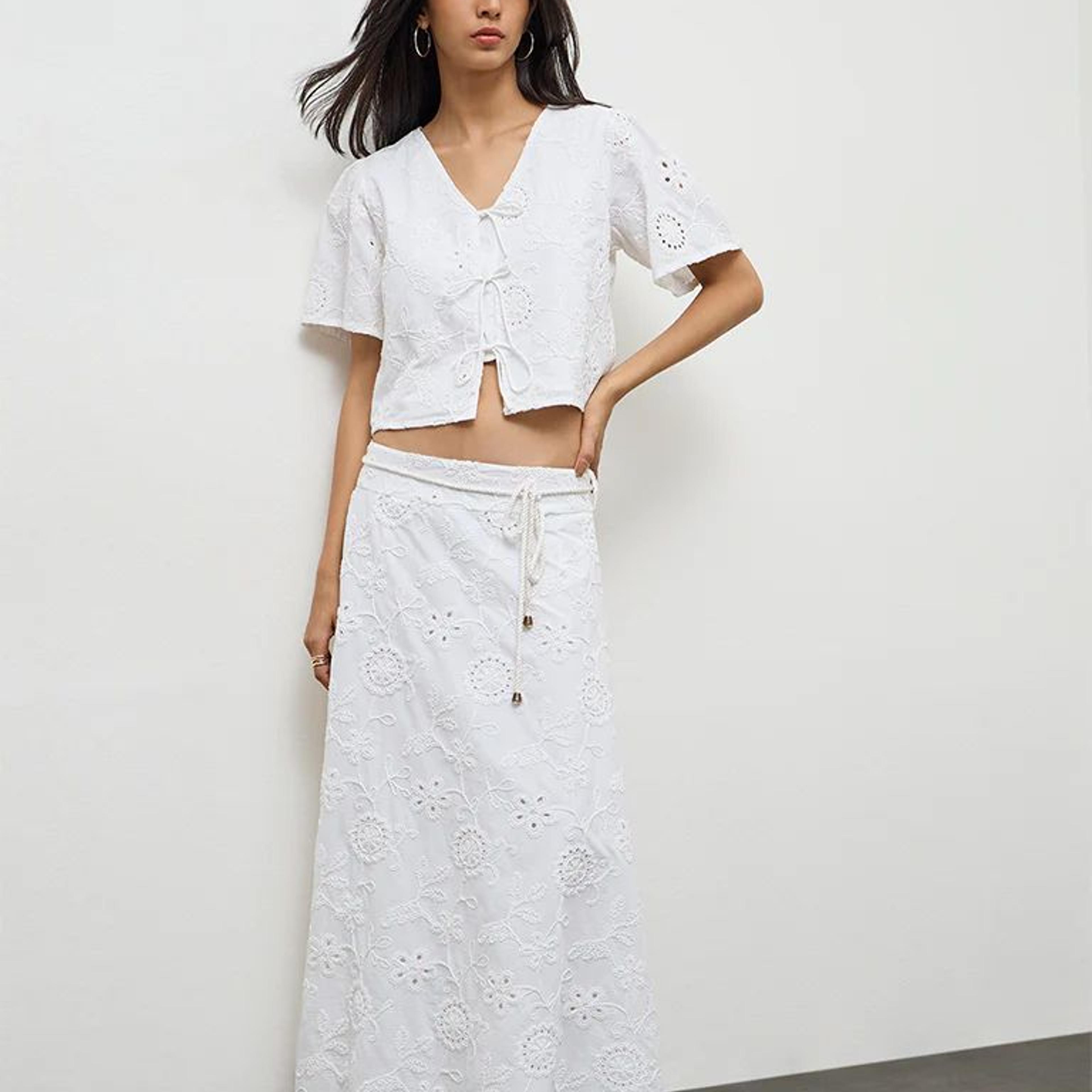 LOV White Schiffli Embroidered High-Rise Cotton Skirt