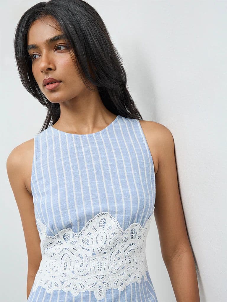 LOV Light Blue Striped Lace-Detailed Cotton A-Line Dress — photo 3