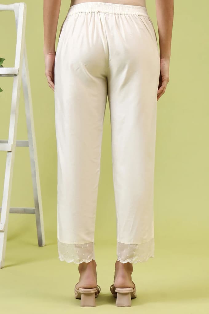 White Solid Mid-Rise Straight Pants with Embroidered Organza Scallop Hemline — photo 5