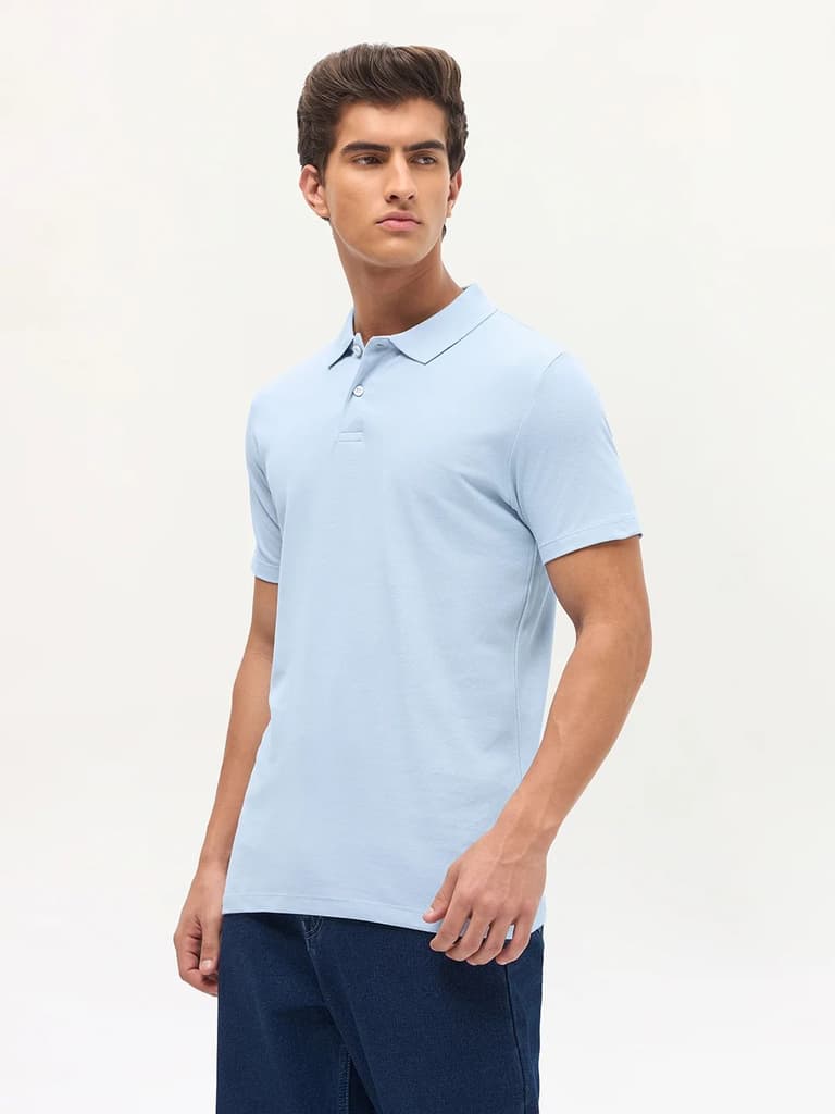 Men's Light Sky Blue Solid Regular Fit Half Sleeve Cotton Polo T-Shirt — photo 3