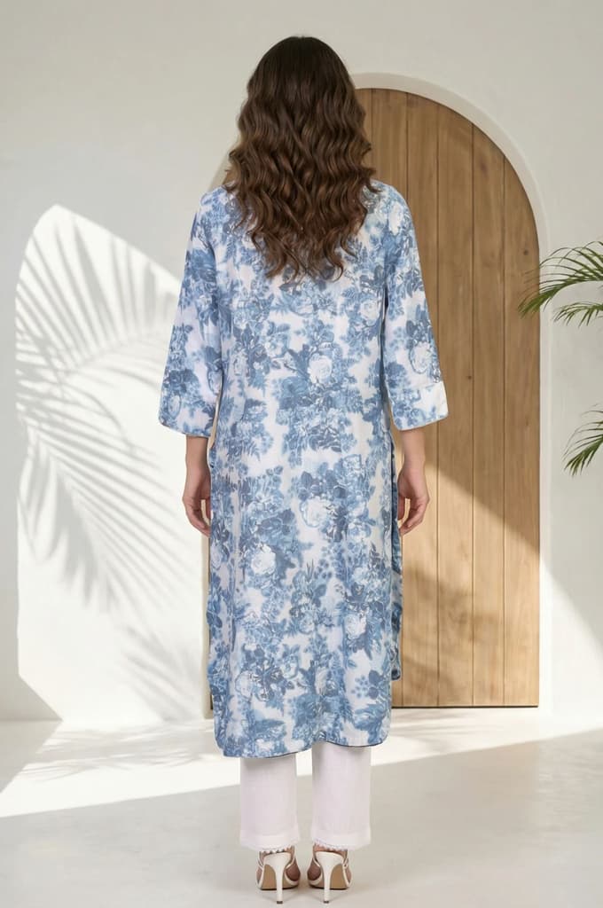 Blue Floral Printed Buttons Pure Cotton Straight Kurta — photo 4