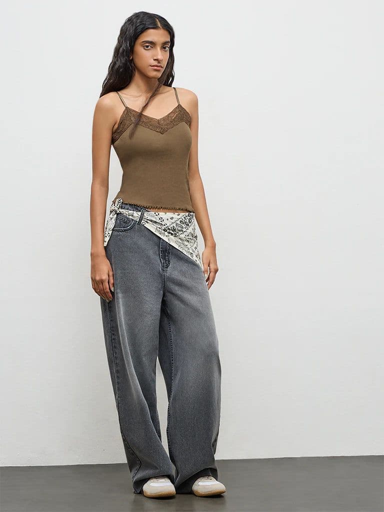 Nuon Olive Lace-Detailed Cotton-Blend Top