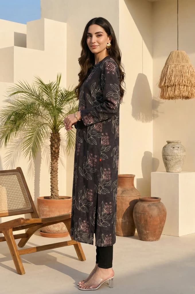 Black Floral Printed Rayon Straight Kurta — photo 3