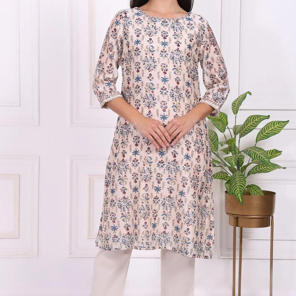 Beige Floral Printed Thread Embroidered Cotton Silk Straight Kurta