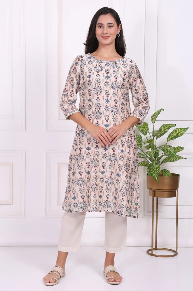 Beige Floral Printed Thread Embroidered Cotton Silk Straight Kurta — XS