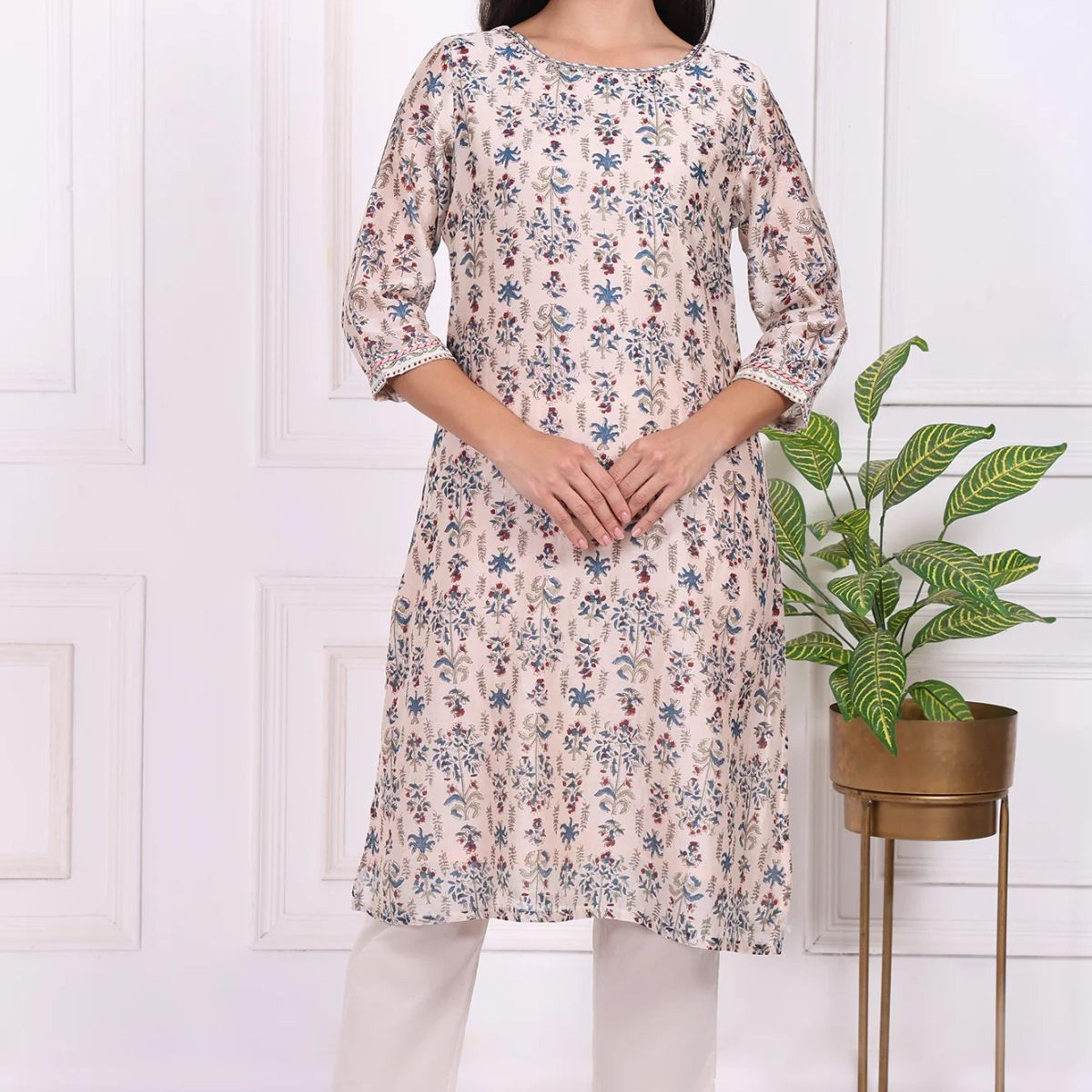 Beige Floral Printed Thread Embroidered Cotton Silk Straight Kurta