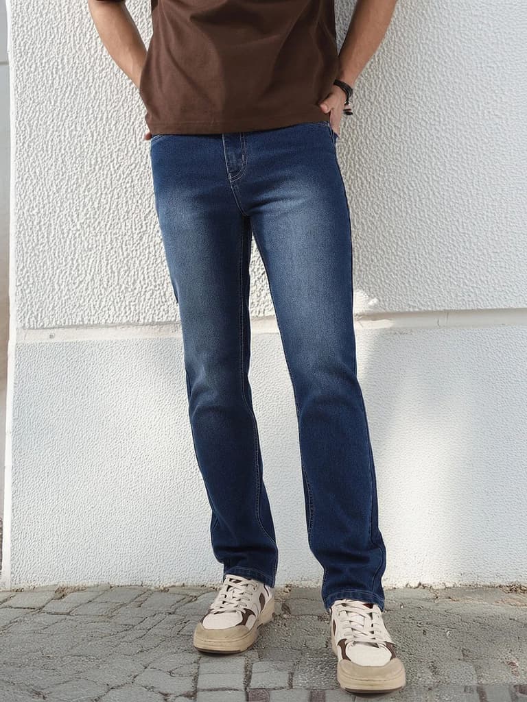 Men's Blue Straight Fit Washed Jeans Stretchable — 28 / Blue
