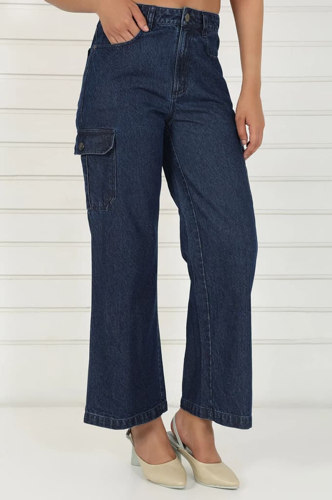 Blue Denim Mid Rise Ankle Length Flared Pants with YKK Zipper — photo 5