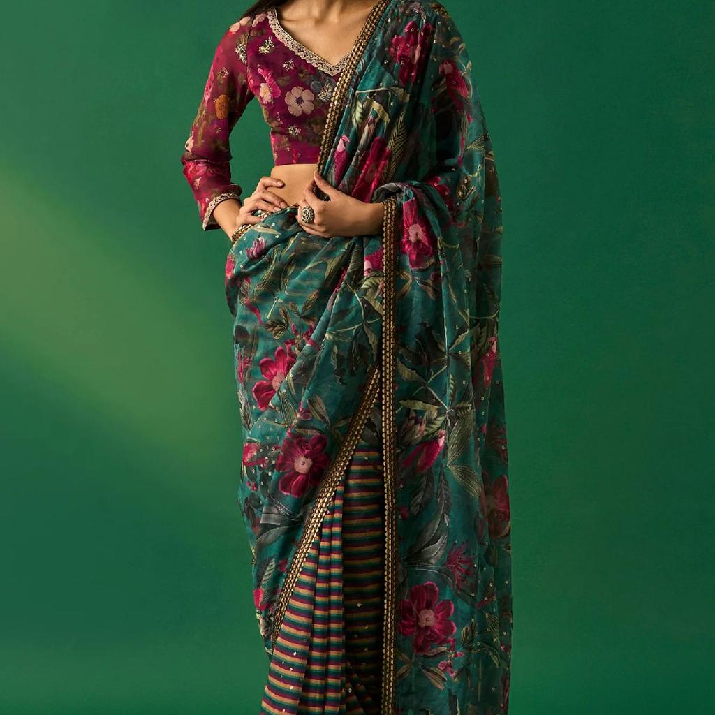 Green Floral Printed Embroidered Sequined Organza Saree with Unstitched Blouse