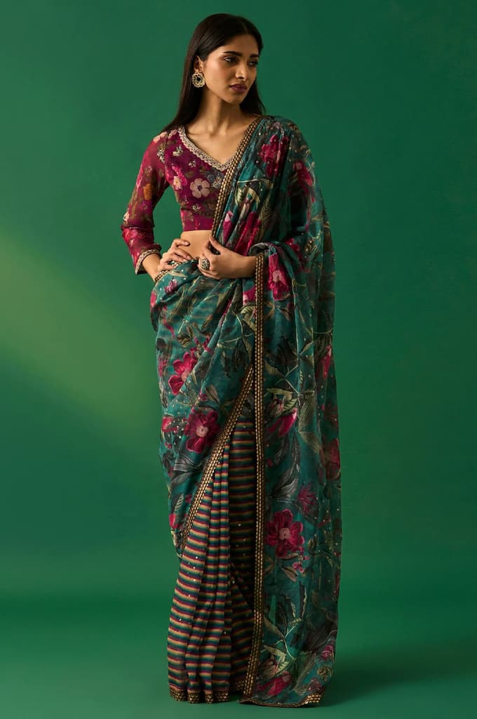 Green Floral Printed Embroidered Sequined Organza Saree with Unstitched Blouse — FS