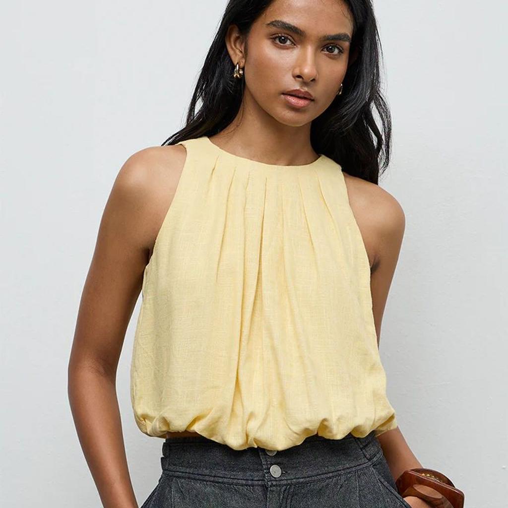 LOV Yellow Solid Linen-Blend Top