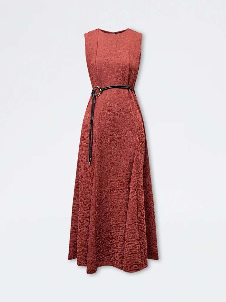 Wardrobe Dark Rust Crinkle-Textured A-Line Dress with Belt — photo 5