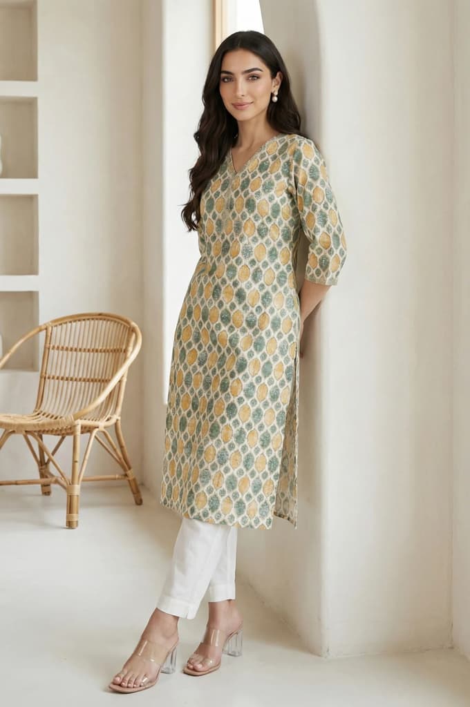 Cream Ethnic Motifs Pure Cotton Straight Kurta with Lace — photo 2
