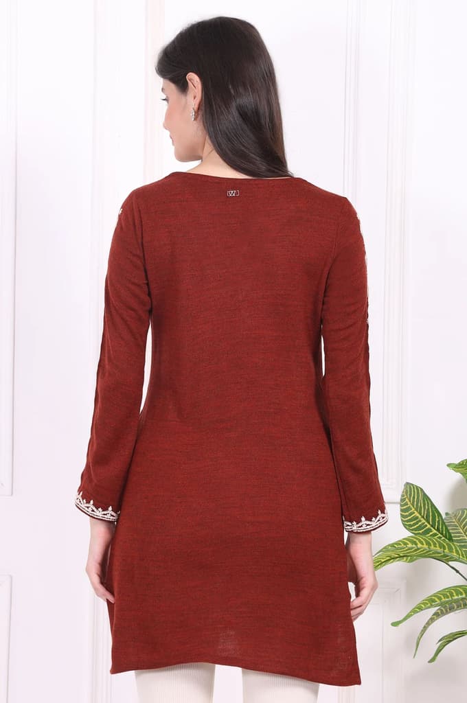 Rust Solid Thread Embroidered Acrylic Straight Tunic — photo 5