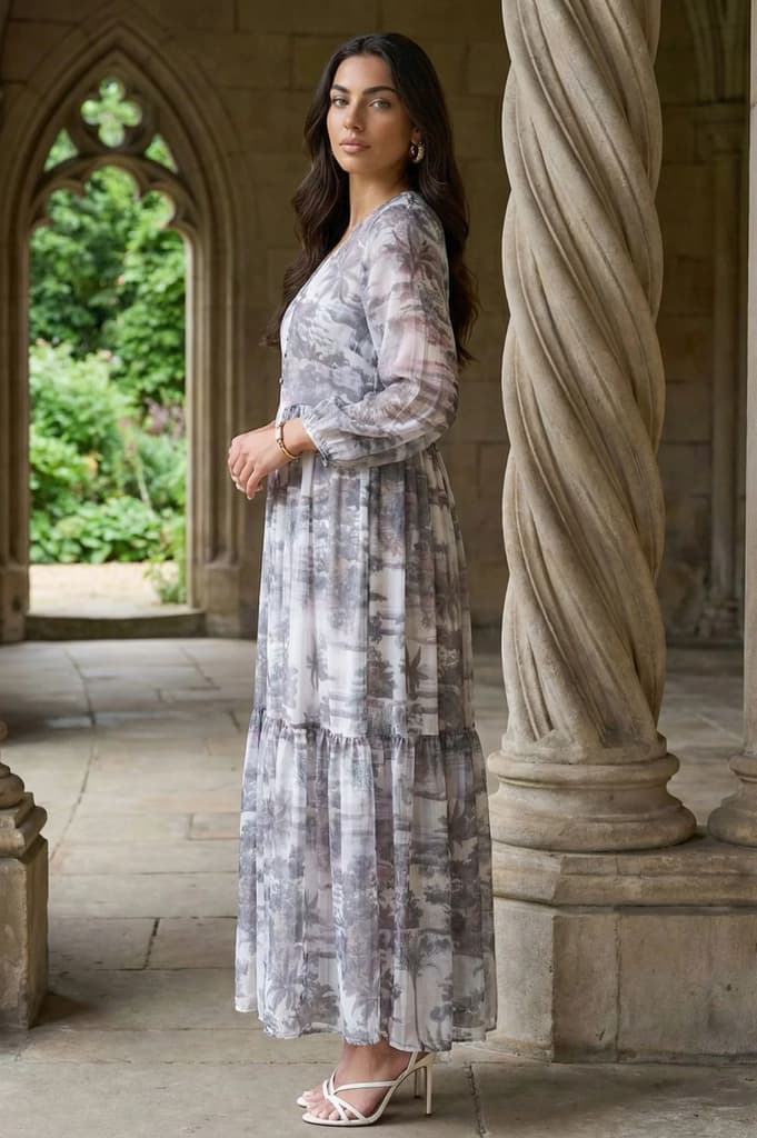 Grey Floral Printed Silver Chiffon Flared Dress — photo 4