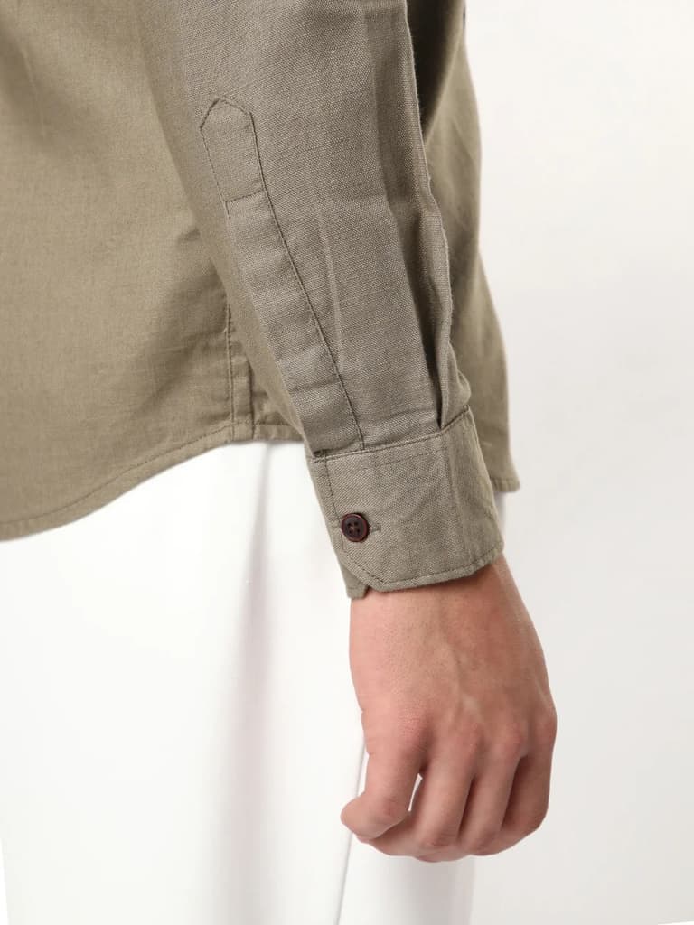 Men's Coffee Linen Blend Full Sleeve Relaxed Fit Mandarin Collar Casual Solid Shirt — photo 5