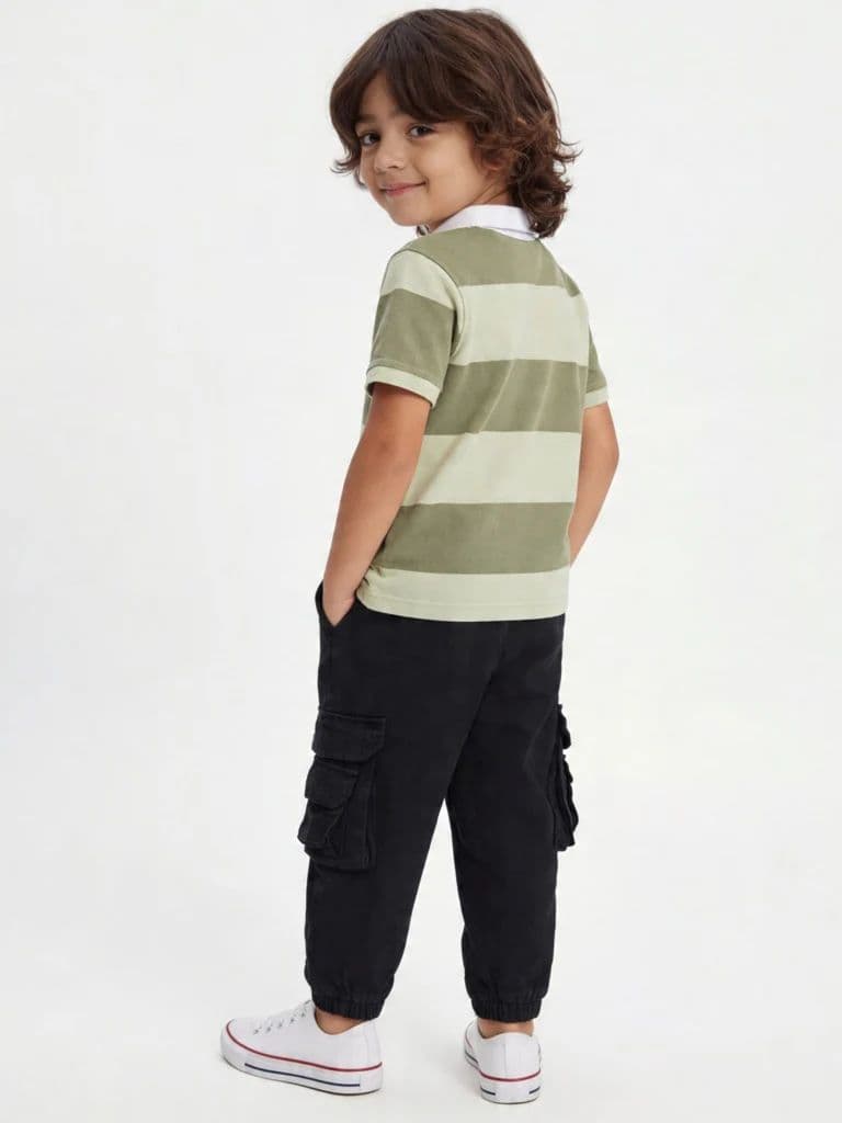 HOP Kids Boys Olive Striped Cotton Polo T-Shirt — photo 3