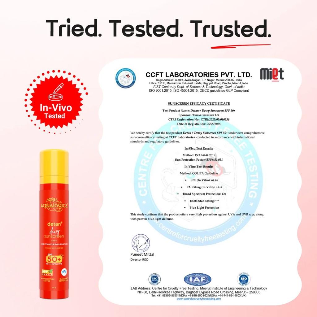 Detan+ Dewy Sunscreen In-Vivo Tested SPF 50+ PA++++ with Cherry Tomato & HA - 50 g